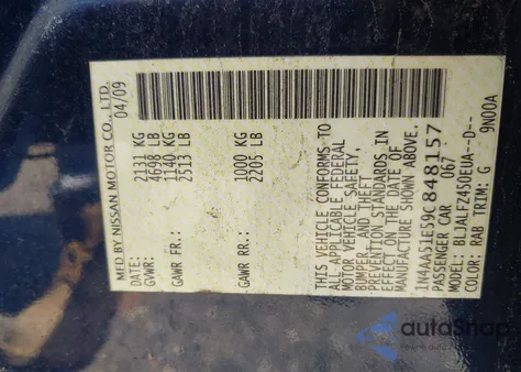 2009 Nissan Maxima 3.5 Sv from USA, damaged, VIN 1N4AA51E59C848157